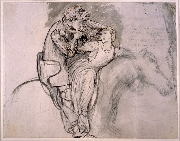 La Belle Dame Sans Merci, pen and pencil drawing, 1855, by Dante Gabriel Rossetti